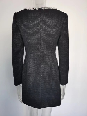 LS2616 Fashionable Women's Pearl-Embellished Dress with Elegant Square Neckline Long Sleeves and Sexy Black Mini Dress