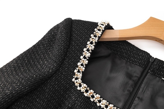 LS2616 Fashionable Women's Pearl-Embellished Dress with Elegant Square Neckline Long Sleeves and Sexy Black Mini Dress