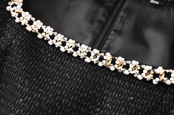 LS2616 Fashionable Women's Pearl-Embellished Dress with Elegant Square Neckline Long Sleeves and Sexy Black Mini Dress