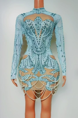 AD2489 Kimshein Fashion Long Sleeve Mini Dress Luxurious Pearl Ball Gown Diamond Crystal Party Dress Guangdong Production