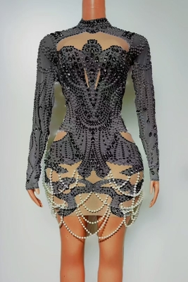 AD2489 Kimshein Fashion Long Sleeve Mini Dress Luxurious Pearl Ball Gown Diamond Crystal Party Dress Guangdong Production