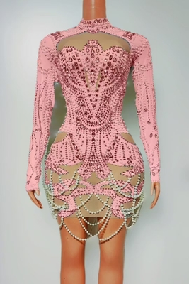 AD2489 Kimshein Fashion Long Sleeve Mini Dress Luxurious Pearl Ball Gown Diamond Crystal Party Dress Guangdong Production