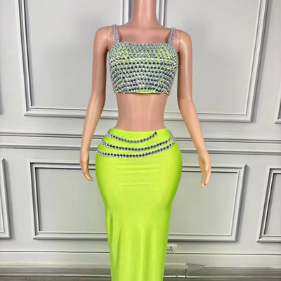 AD2379 Summer Women's Club Dress Set Sexy Two-Piece Yellow Crystal Elegant Top and Skirt Two-Piece Set