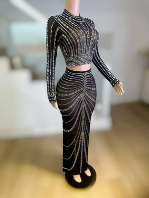 AD2459 Shiny Crystal Sexy Mesh Perspective Two-Piece Set Women's Party Fashion Performance Costume None Craft for Summer