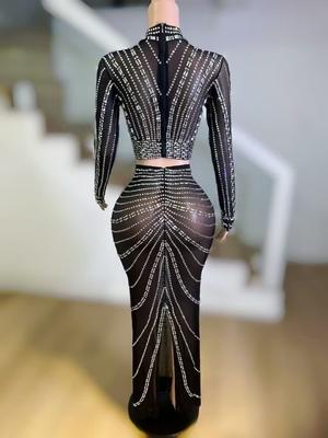 AD2459 Shiny Crystal Sexy Mesh Perspective Two-Piece Set Women's Party Fashion Performance Costume None Craft for Summer