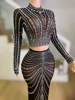 AD2459 Shiny Crystal Sexy Mesh Perspective Two-Piece Set Women's Party Fashion Performance Costume None Craft for Summer