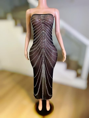 AD2459 Shiny Crystal Sexy Mesh Perspective Two-Piece Set Women's Party Fashion Performance Costume None Craft for Summer
