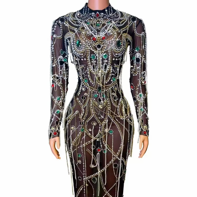 AD2160 Luxury Women's Fashion Long Sleeve Crystal Dress Diamond Pearl Party Dress Woven by Shuttle Loom Round Neck