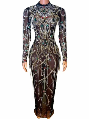 AD2160 Luxury Women's Fashion Long Sleeve Crystal Dress Diamond Pearl Party Dress Woven by Shuttle Loom Round Neck