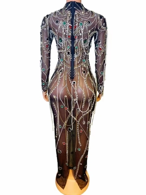AD2160 Luxury Women's Fashion Long Sleeve Crystal Dress Diamond Pearl Party Dress Woven by Shuttle Loom Round Neck