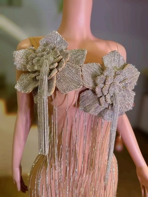 Chinese Size Tassel Dress with Crystal Embellishments Women's Waterfall Tassel and Crystal Embellished Formal Dress
