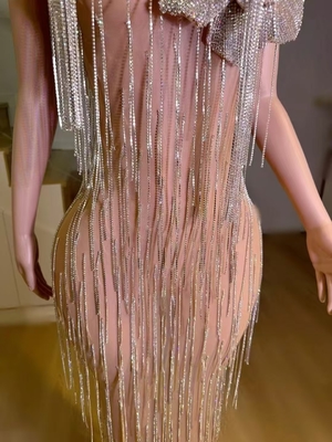 Chinese Size Tassel Dress with Crystal Embellishments Women's Waterfall Tassel and Crystal Embellished Formal Dress