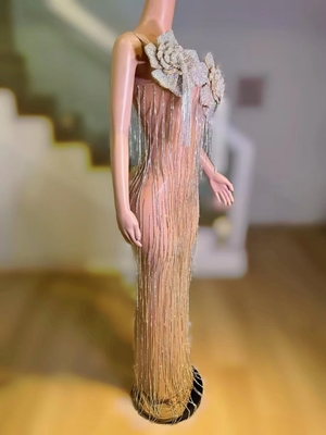 Chinese Size Tassel Dress with Crystal Embellishments Women's Waterfall Tassel and Crystal Embellished Formal Dress