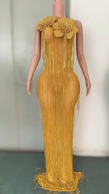 Chinese Size Tassel Dress with Crystal Embellishments Women's Waterfall Tassel and Crystal Embellished Formal Dress