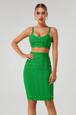 Elegant Sleeveless Beaded Bandage Set Fashion Party Outfit Sexy Tight Dress Two-Piece Suit for Fast Sampling and Tracking