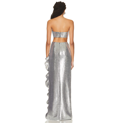 Kimshein SS2253 Two-Piece Dress Set Off Shoulder Sexy Party Outfit Silver Sequin High Slit Clothing for Enchanting Women