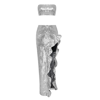 Kimshein SS2253 Two-Piece Dress Set Off Shoulder Sexy Party Outfit Silver Sequin High Slit Clothing for Enchanting Women