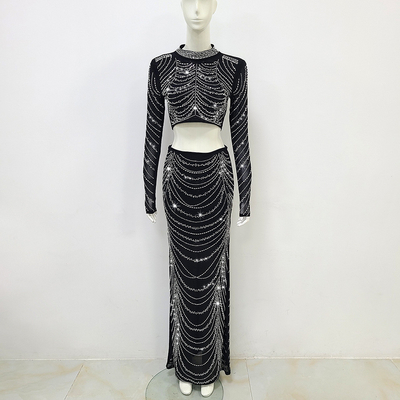 Stay Stylish this Summer with SS2284 Kimshein Fashion Two-Piece Women's Set Sexy Sparkling Rhinestone and See-Through Mesh