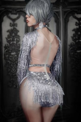 AD1432 Fashionable Fringe Mesh Crystal Women's Shiny Bodysuit Quick Sampling in 7 Days with Breathable Design and Fabric