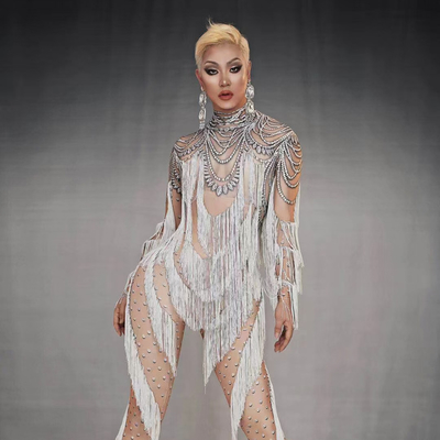 AD1248 Women's Fringe Bodysuit for Club Role Play Pole Dance Performance Costume 160g Fabric Weight Solid Color Pattern