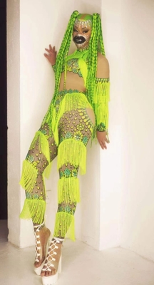 AD1248 Women's Fringe Bodysuit for Club Role Play Pole Dance Performance Costume 160g Fabric Weight Solid Color Pattern