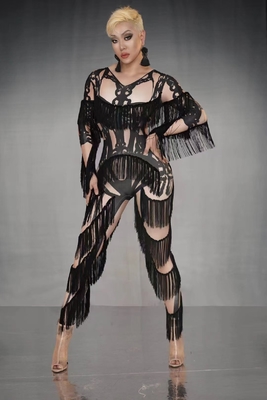 AD1248 Women's Fringe Bodysuit for Club Role Play Pole Dance Performance Costume 160g Fabric Weight Solid Color Pattern