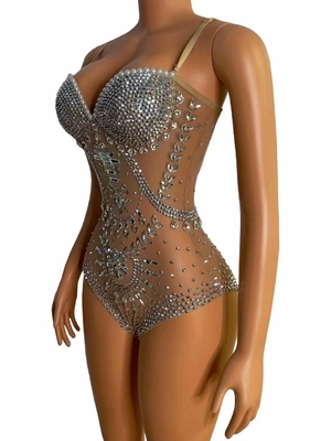 AD1142 Shiny Fabric Pearl Crystal Embroidery Tight Bustier Mesh One-piece Sexy Transparent Stage Costume 's Best Choice