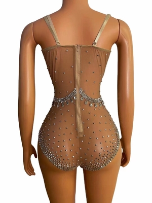 AD1142 Shiny Fabric Pearl Crystal Embroidery Tight Bustier Mesh One-piece Sexy Transparent Stage Costume 's Best Choice