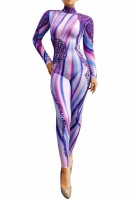 AD1405 Kimshein Purple Striped Colorful Long Sleeve Stretch Handmade Women's Jumpsuit Sportswear Bodysuit PayPal Accepted