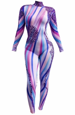 AD1405 Kimshein Purple Striped Colorful Long Sleeve Stretch Handmade Women's Jumpsuit Sportswear Bodysuit PayPal Accepted