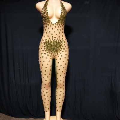 AD1421 Kimshein Women's Fashionable Backless Mesh Front Yard Carnival Lago Diamond Tight Jumpsuit Perfect for Any Occasion