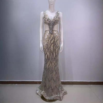 ED2692 Women's Elegant and Sexy V-Neck Sleeveless Mermaid Dress with Shiny Sequin Evening Gown