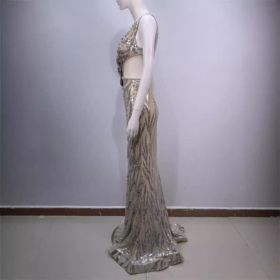 ED2692 Women's Elegant and Sexy V-Neck Sleeveless Mermaid Dress with Shiny Sequin Evening Gown