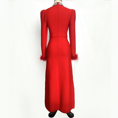 LS2609 Bandage Dress Luxurious Tight Crystal Maxi Dress with Sexy Long Sleeves and Feather Embellishments