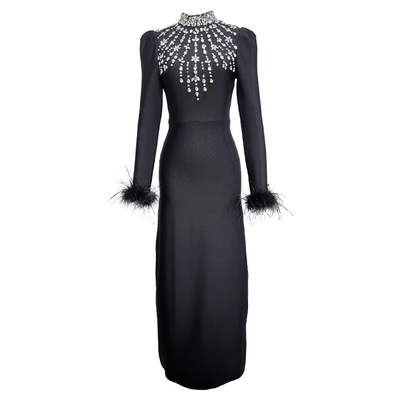 LS2609 Bandage Dress Luxurious Tight Crystal Maxi Dress with Sexy Long Sleeves and Feather Embellishments