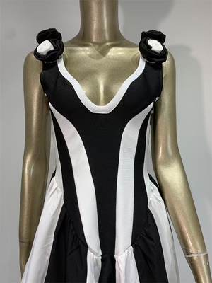 Guangdong Made SB3336 Split Bandage Dress Sexy and Stylish Black Striped Party Dress with Floor-Length Design