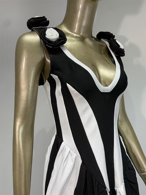 Guangdong Made SB3336 Split Bandage Dress Sexy and Stylish Black Striped Party Dress with Floor-Length Design