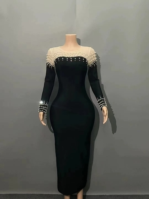 Elegant Long Party Dress LS2607 Kimshein Bodycon Dress for Women Long Sleeves and Crystal Pearl Mesh Bandage Skirt