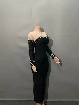 Elegant Long Party Dress LS2607 Kimshein Bodycon Dress for Women Long Sleeves and Crystal Pearl Mesh Bandage Skirt
