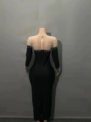 Elegant Long Party Dress LS2607 Kimshein Bodycon Dress for Women Long Sleeves and Crystal Pearl Mesh Bandage Skirt