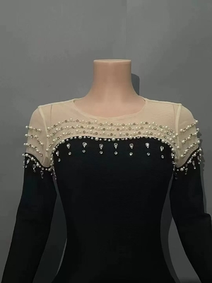 Elegant Long Party Dress LS2607 Kimshein Bodycon Dress for Women Long Sleeves and Crystal Pearl Mesh Bandage Skirt