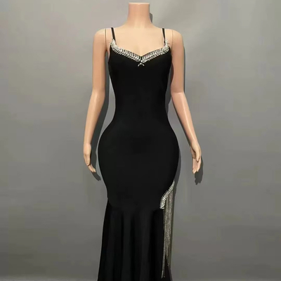 High Slit Strapless Birthday Party Bodycon Bandage Dress SB3333 Black Crystal Fringe Club Dress for Night Out in Satin Fabric