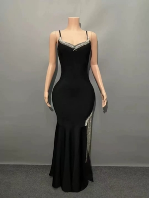 High Slit Strapless Birthday Party Bodycon Bandage Dress SB3333 Black Crystal Fringe Club Dress for Night Out in Satin Fabric