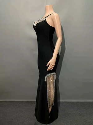 High Slit Strapless Birthday Party Bodycon Bandage Dress SB3333 Black Crystal Fringe Club Dress for Night Out in Satin Fabric