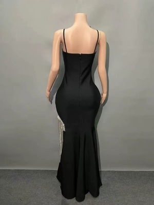 High Slit Strapless Birthday Party Bodycon Bandage Dress SB3333 Black Crystal Fringe Club Dress for Night Out in Satin Fabric