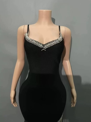 High Slit Strapless Birthday Party Bodycon Bandage Dress SB3333 Black Crystal Fringe Club Dress for Night Out in Satin Fabric