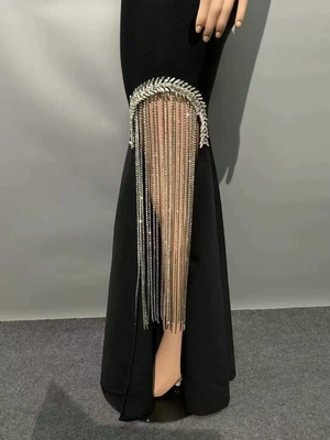 High Slit Strapless Birthday Party Bodycon Bandage Dress SB3333 Black Crystal Fringe Club Dress for Night Out in Satin Fabric