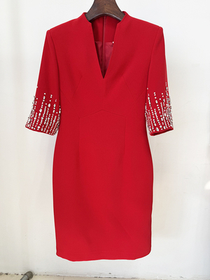 LS2613 Spring/Summer Fashion Women's V-Neck Midi Dress with Crystal Beads and Beaded Embellishments