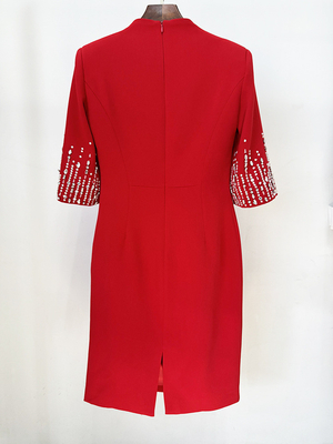 LS2613 Spring/Summer Fashion Women's V-Neck Midi Dress with Crystal Beads and Beaded Embellishments