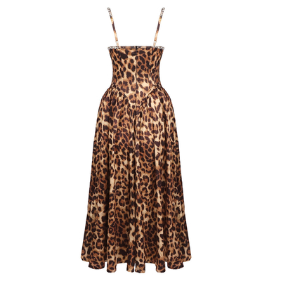 SB3334 Kimshein Summer Women's Fashion Sleeveless Pleated Maxi Dress with Built-in Bra Leopard Print and Elegant Dress